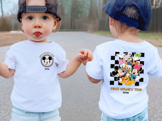 Personalized My First Disneyland Trip 2026 Toddler Shirt, Disney Family Vacation Matching Tees, Checkered Mickey And Friends Kids T-Shirts