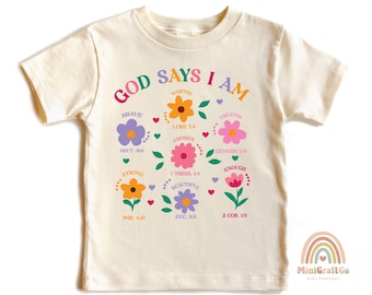 Camiseta "Dios dice que soy niña", regalo cristiano para niños pequeños, sudadera con Jesús, camiseta juvenil de bautismo, ropa basada en la fe, camiseta infantil con versículo bíblico floral