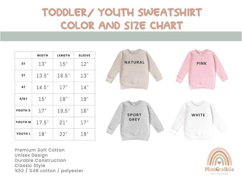 May include: Color and size chart for toddler and youth sweatshirts. The chart includes measurements in inches for width, length, and sleeve length. Sweatshirts are shown in natural, pink, sport grey, and white.