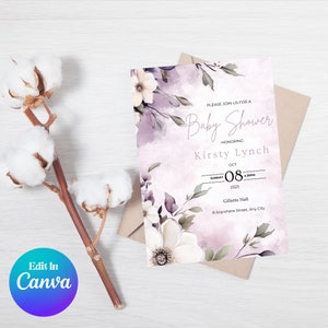 Editable Floral Baby Shower Invitation | Purple Baby Shower Invite | Lilac Girl Invite Template | PF001