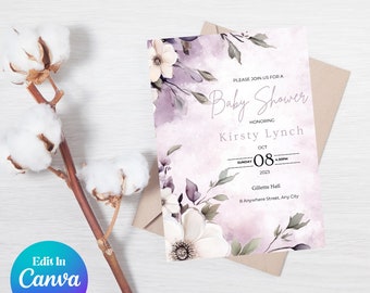 Editable Floral Baby Shower Invitation | Purple Baby Shower Invite | Lilac Girl Invite Template | PF001