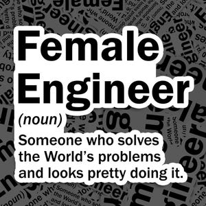 May include: Black and white text graphic with the words "Female Engineer" and the definition: "Someone who solves the World's problems and looks pretty doing it."