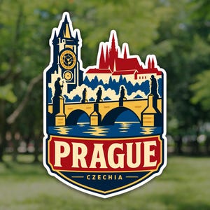 Peut inclure: Un autocollant découpé présentant une illustration stylisée de l'horizon de Prague, incluant l'horloge astronomique, le pont Charles avec ses statues et des flèches. Le design utilise une palette de bleu foncé, rouge, jaune et crème, avec le texte PRAGUE CZECHIA.