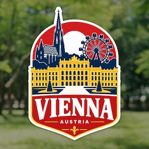 Op de afbeelding: Een gestanste sticker met een grafische illustratie van Wenen, Oostenrijk. Het ontwerp bevat een geel paleis, een donkerblauwe kathedraaltoren en een reuzenrad tegen een rode achtergrond. De tekst VIENNA AUSTRIA is in het wit gedrukt.
