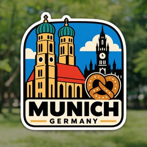 Peut inclure: Un autocollant rectangulaire aux coins arrondis présentant une illustration graphique de l'horizon de Munich, incluant la Frauenkirche avec ses deux dômes bleu-vert et l'hôtel de ville, ainsi qu'un bretzel brun, avec le texte MUNICH GERMANY.
