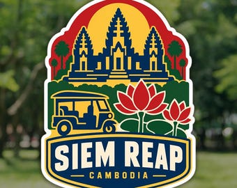 Siem Reap Sticker, Angkor Wat Cambodia Travel Decal, Waterproof Vinyl Laptop and Water Bottle Sticker, Souvenir Gift for Travelers