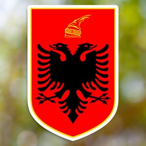 Może przedstawiać: Czerwona tarcza z złotą obwódką i czarnym dwugłowym orłem z złotą koroną na szczycie. Orzeł jest symbolem Albanii.
