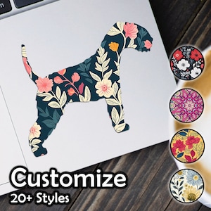 May include: A silhouette of a dog with a floral pattern in shades of pink, cream, and green on a dark blue background. The image includes the text "Customize 20+ Styles".