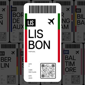 Puede incluir: Una tarjeta de embarque blanca con texto negro que dice "LISBOA" y "PORTUGAL". La tarjeta de embarque tiene una franja roja, blanca y verde en el lado izquierdo. La tarjeta de embarque también tiene un código QR y un código de barras.