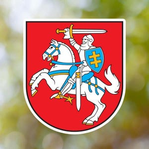 May include: A red shield with a white border features a white horse with a blue and gold saddle. A knight in blue armor with a gold helmet and a yellow shield with a red cross rides the horse. The knight holds a sword in his right hand.