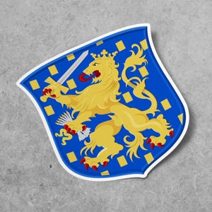 May include: A blue shield with a gold lion holding a sword. The lion has a crown and a red tongue. The shield is surrounded by yellow squares.