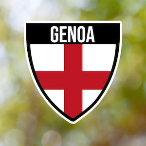 May include: A white and red shield-shaped emblem with the word "GENOA" in black letters at the top. The shield has a red cross on a white background.
