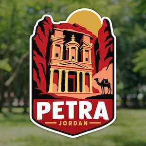 May include: A die-cut sticker featuring a stylised graphic of the Treasury at Petra, Jordan. The design includes a yellow sun, red rock formations, and a black silhouette of a camel. The text PETRA is in large white letters above JORDAN.