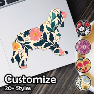 Puede incluir: Una pegatina de silueta de perro personalizable con un patrón floral. La pegatina está disponible en una variedad de colores y patrones, incluyendo rojo, rosa, amarillo, azul y verde. La pegatina es perfecta para agregar un toque de personalidad a tu computadora portátil, botella de agua u otras pertenencias. Personaliza más de 20 estilos.