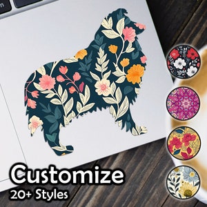 Könnte beinhalten: Ein marineblauer Aufkleber in Hundeform mit einem floralen Muster in Rosa, Orange und Creme. Der Aufkleber befindet sich auf einem Laptop. Der Text "Customize 20+ Styles" ist unten zu sehen.