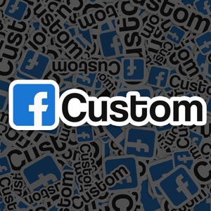 Pode incluir: Um ícone do Facebook azul com a palavra "Custom" em letras brancas sobre um fundo preto. O fundo é uma colagem de ícones do Facebook azuis e a palavra "Custom" repetida em preto e branco.