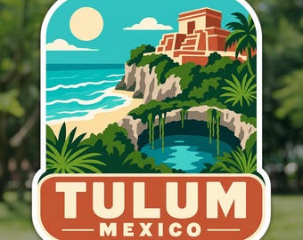 Tulum Sticker, Mayan Ruins Mexico Travel Decal, Waterproof Vinyl Laptop and Water Bottle Sticker, Souvenir Gift for Travelers