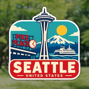 Puede incluir: Una pegatina rectangular con esquinas redondeadas que presenta una ilustración gráfica del horizonte de Seattle, incluyendo la Space Needle, un ferry y una montaña nevada. El texto dice PIKE PLACE, SEATTLE y UNITED STATES en letras negritas.