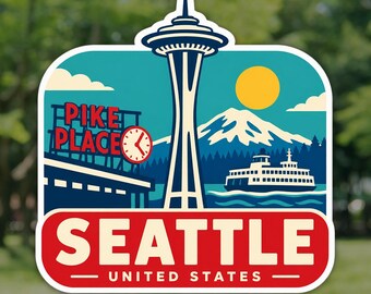 Seattle Sticker, Space Needle Washington Travel Decal, Waterproof Vinyl Laptop and Water Bottle Sticker, Souvenir Gift for Travelers
