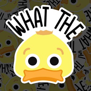 May include: A yellow duck face with big eyes and an orange beak. The duck face is surrounded by a white border with the text "WHAT THE" in black letters.