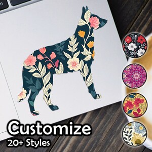 May include: A silhouette of a German Shepherd dog filled with a floral pattern. The dog is standing on a white surface. The image is surrounded by colorful patterned circles. The text "Customize 20+ Styles" is at the bottom of the image.