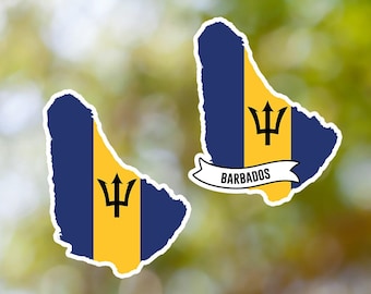 May include: Two outline stickers of the island of Barbados with the Barbadian flag colors of blue and yellow. The flag features a black trident. One sticker has the word "Barbados" written on a white ribbon.