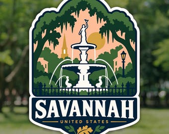Savannah Sticker, Forsyth Park Fountain USA Travel Decal, Waterproof Vinyl Laptop and Water Bottle Sticker, Souvenir Gift for Travelers