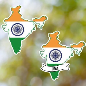 May include: Two illustrations of the map of India with the Indian flag colors, orange, white, and green. The top illustration is a simple outline of the map. The bottom illustration has a banner with the word "INDIA" in black text.