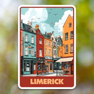 May include: A vintage-style travel poster featuring a colorful cityscape of Limerick, Ireland. The poster has a red border with the word "LIMERICK" in yellow letters at the bottom.