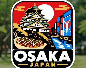 May include: A rectangular sticker with rounded corners featuring a red background, a white sun, a Japanese castle, a bowl of takoyaki with chopsticks, a canal, and a blue sign with a running figure. The text reads OSAKA JAPAN in bold white letters.