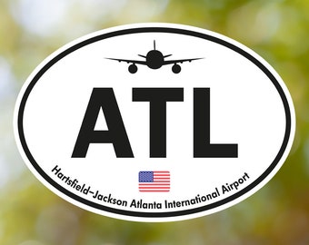 Atlanta Sticker Oval Vintage, USA Airport Luggage Sticker Waterproof for Suitcase, Car, Book, Water Bottle, Helmet, Toolbox