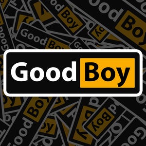 Op de afbeelding: Een zwart-witte afbeelding met de tekst "Good Boy" in witte letters op een zwarte achtergrond. Het woord "Boy" staat in een gele rechthoek.