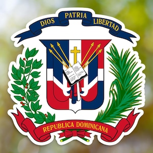 May include: The coat of arms of the Dominican Republic features a red, white, and blue shield with a cross and an open book. The shield is surrounded by a laurel wreath and a ribbon with the words "Dios, Patria, Libertad" and "Republica Dominicana".