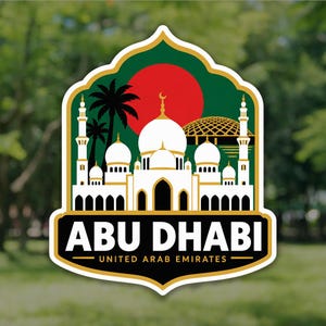 Puede incluir: Una pegatina que muestra una mezquita blanca con múltiples cúpulas y minaretes sobre un fondo verde oscuro con un gran sol rojo, palmeras y una estructura de cúpula dorada. El texto ABU DHABI UNITED ARAB EMIRATES está en blanco y oro.