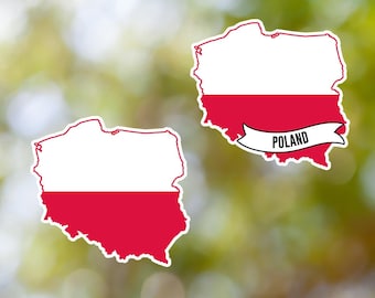 May include: Two outline maps of Poland with the Polish flag colours, white and red. The top map has the word "POLAND" in a banner.