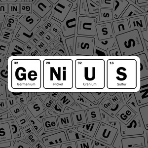 Può includere: Primo piano di quattro quadrati bianchi con bordi neri, ognuno contenente il simbolo chimico e il nome di un elemento: Germanio (Ge), Nichel (Ni), Uranio (U) e Zolfo (S). I quadrati sono disposti orizzontalmente, con la parola "Genius" scritta con i simboli degli elementi.