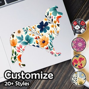 Może przedstawiać: Biała sylwetka psa z kwiatowym wzorem. Pies stoi na białym tle. Obraz zawiera tekst "Customize" i "20+ Styles".