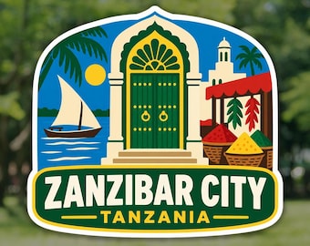 Zanzibar City Sticker, Stone Town Door Tanzania Travel Decal, Waterproof Vinyl Laptop and Water Bottle Sticker, Souvenir Gift for Travelers