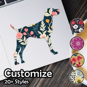 Puede incluir: Una silueta de un perro con un patrón floral. El perro está de pie sobre un fondo blanco. Hay varios patrones florales diferentes para elegir, incluyendo un patrón floral rosa y blanco, un patrón floral azul y blanco y un patrón floral amarillo y blanco.