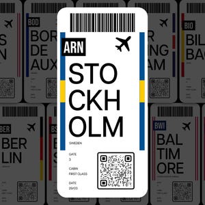 May include: A white travel ticket design with the text "ARN STOCKHOLM OLM SWEDEN" and a QR code. The ticket has a Swedish flag design on the side and a small airplane icon. Other tickets are in the background.