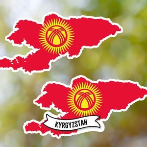 May include: Two red and yellow outline maps of Kyrgyzstan with the country's flag in the centre. The bottom map has a white banner with the word "KYRGYZSTAN" in black.
