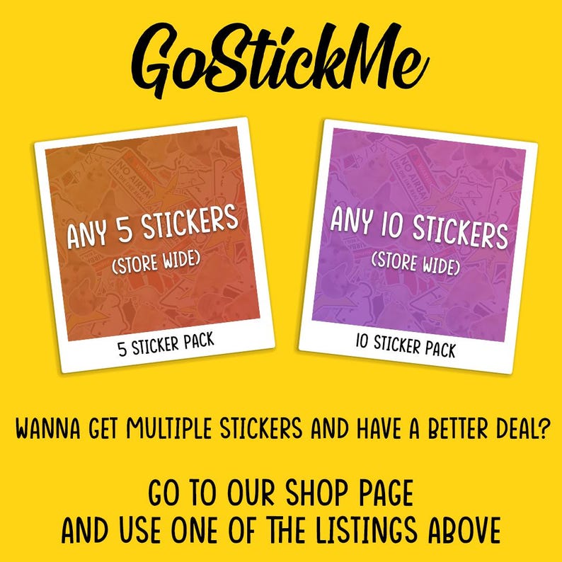 a couple of stickers that are on a yellow background