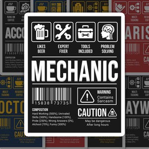 Mechanic Sticker Waterproof, Job Sticker for Laptop Car, Book, Water Bottle, Helmet, Travel Bag, ...