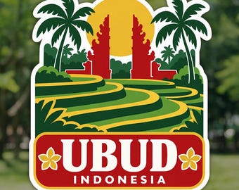 Ubud Sticker, Rice Terraces Bali Indonesia Travel Decal, Waterproof Vinyl Laptop and Water Bottle Sticker, Souvenir Gift for Travelers