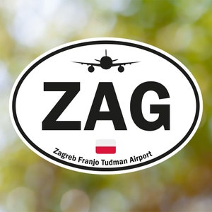 Zagreb Sticker Oval Vintage, Croatia Airport Luggage Sticker Waterproof for Suitcase, Car, Book, Water Bottle, Helmet, Toolbox