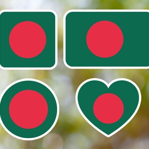 Może przedstawiać: Cztery naklejki w różnych kształtach z flagą Bangladeszu. Flaga jest zielona z czerwonym kołem w środku. Kształty to kwadrat, prostokąt, koło i serce.