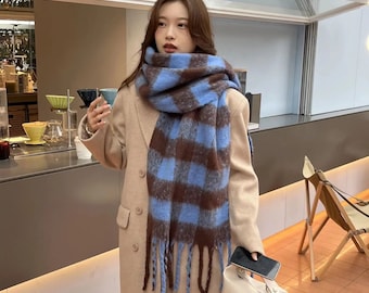 Korean Style Mohair Plaid Scarf Double-Sided Plaid  Scarf Warm Scarf Christmas Scarf, Gift for Her