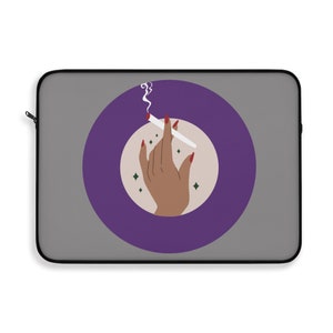 May include: Purple circle with a hand holding a lit cigarette. The hand has red nail polish and the background is a light gray.