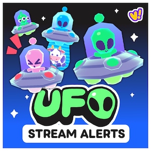 Könnte beinhalten: Eine digitale Grafik mit bunten Cartoon-Außerirdischen in fliegenden Untertassen, darunter ein rosa Alien und eine Kuh, mit dem Text UFO STREAM ALERTS in fetten grünen und schwarzen Buchstaben vor einem blauen Hintergrund mit weißen Sternen.
