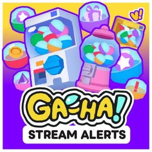 May include: A digital graphic featuring two gumball-style machines filled with colorful capsules, surrounded by floating individual capsules containing stars, gifts, and symbols. The text GACHA! STREAM ALERTS is displayed in bold yellow and black letters.